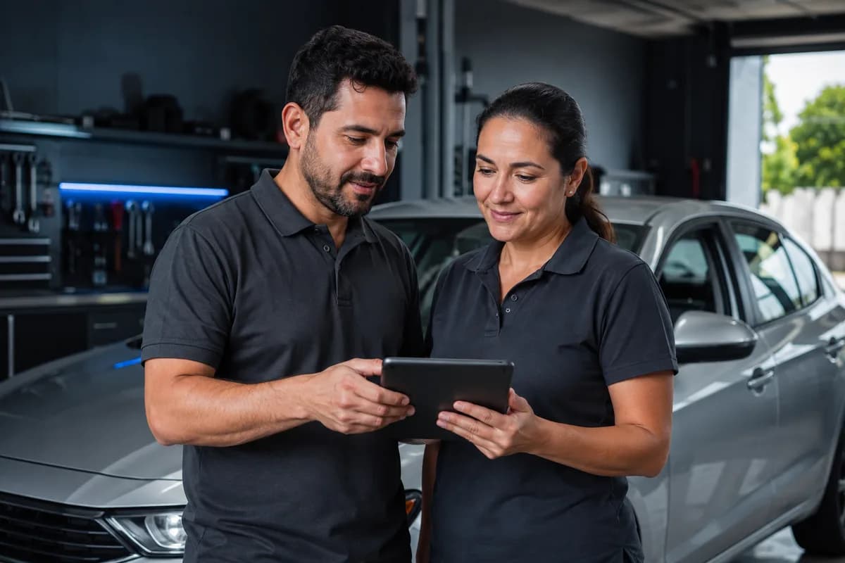 Escena ilustrativa de dos profesionales colaborando en un taller automotriz